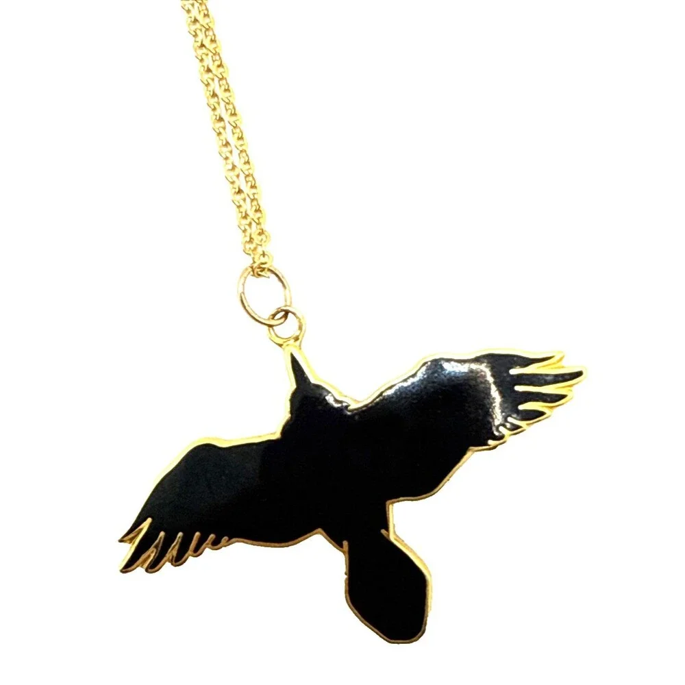 Vintage 1990 Wm Spear Design Black Bird Pendant Necklace Cloisonne Enamel 16